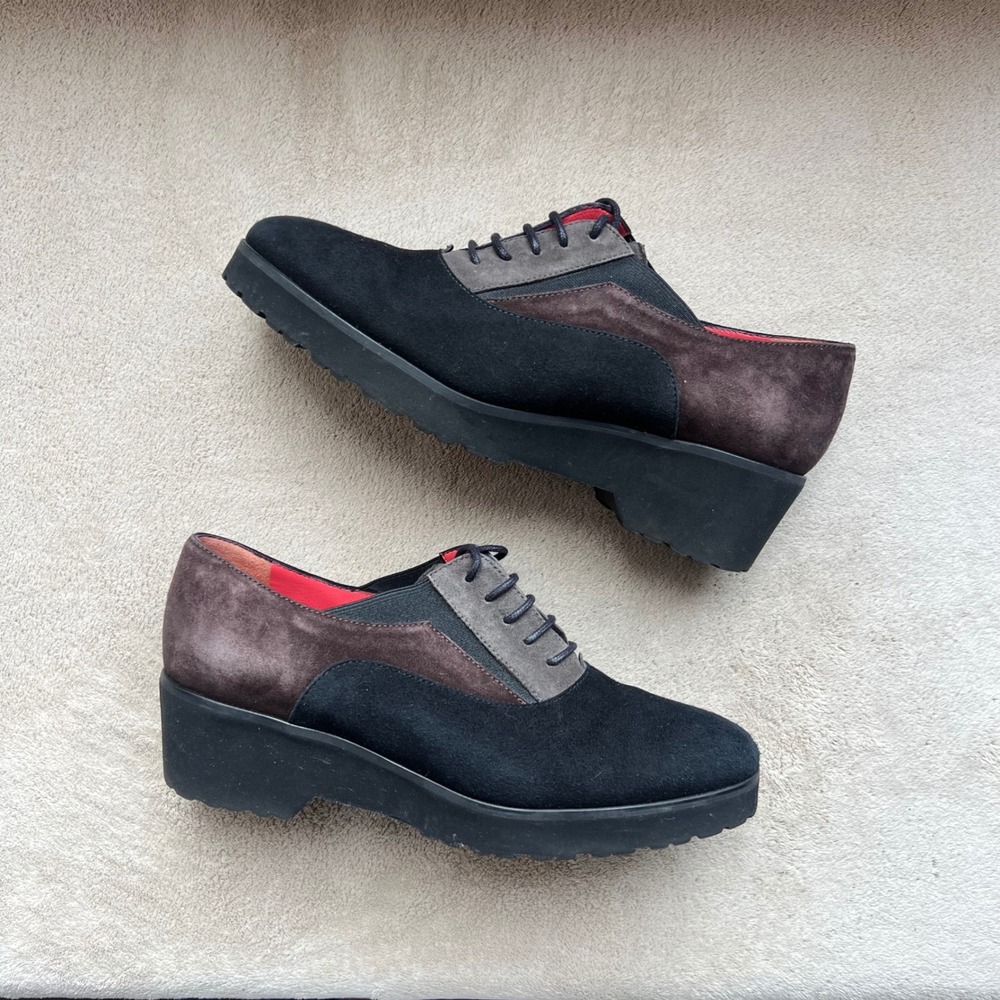 Pas de Rouge Women 6.5 EU 36.5 Black & Brown Suede Platform Oxford Shoes Italy